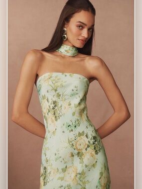 BHLDN Green Floral Strapless Satin Dress With Neck Scarf